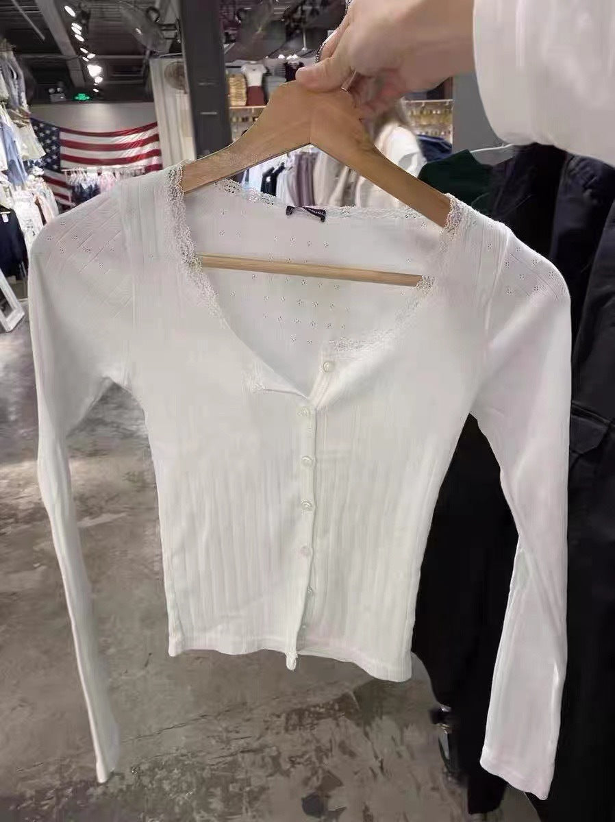 Damen feines Langarmshirt mit zarter Spitzenverzierung Drune