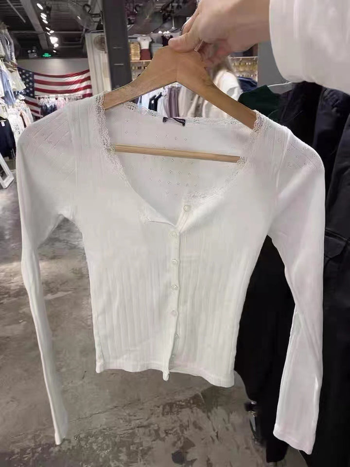 Damen feines Langarmshirt mit zarter Spitzenverzierung Drune
