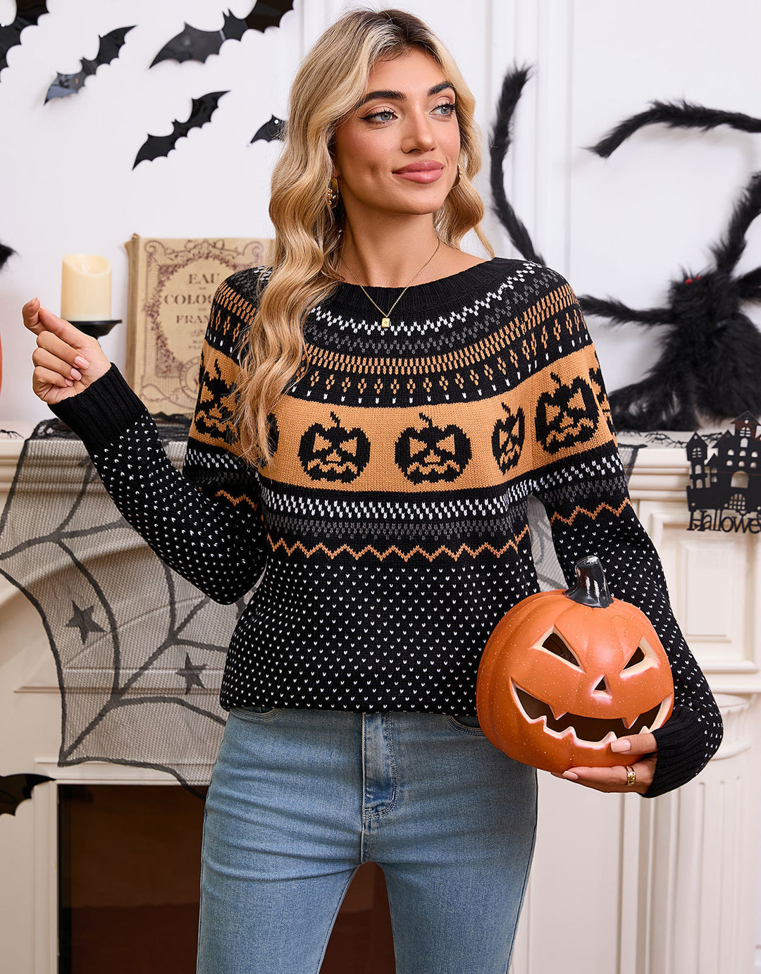 Damen Strickpullover mit Halloween-Motiv und Feinstrickstruktur Drune