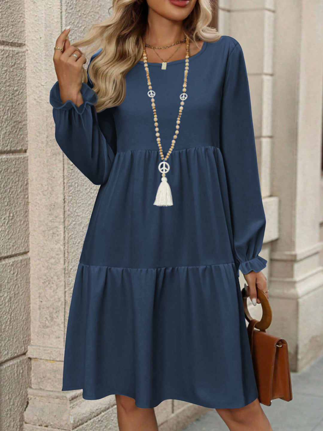 Damen Stufiges Babydoll‑Kleid mit langen Ballonärmeln und Rüschenbündchen Drune