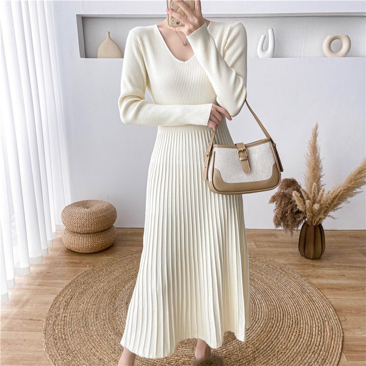 Damen Maxikleid mit Rippstruktur und elegantem V-Ausschnitt Drune