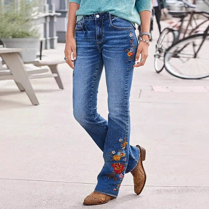 Damen Bootcut-Jeans mit seitlicher Blumenstickerei und komfortablem Stretchbund Drune