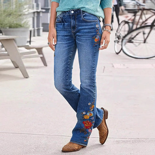 Damen Bootcut-Jeans mit seitlicher Blumenstickerei und komfortablem Stretchbund Drune
