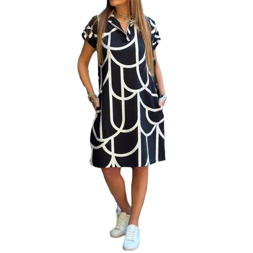 Damen nan geometrisches Shiftkleid mit Polokragen und umgeschlagenen Kurzärmeln Drune