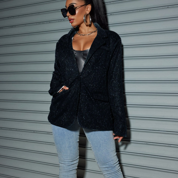 Damen Glitzernder Oversize-Blazer mit Pattentaschen & schimmernder Struktur Drune