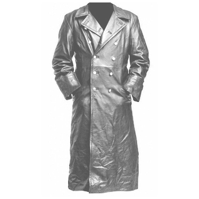 Herren Langer glänzender Kunstleder-Trenchcoat mit Doppelreiher und markantem Revers Drune