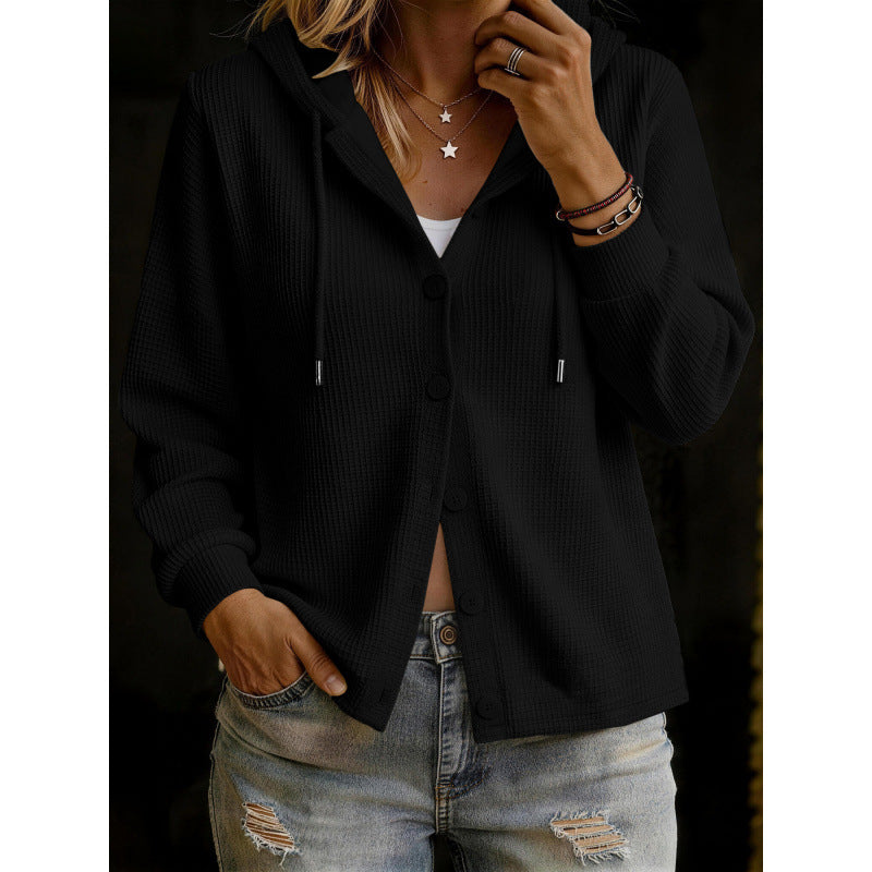 Damen Kapuzenstrickjacke im Waffelstrick mit Knopfleiste Drune