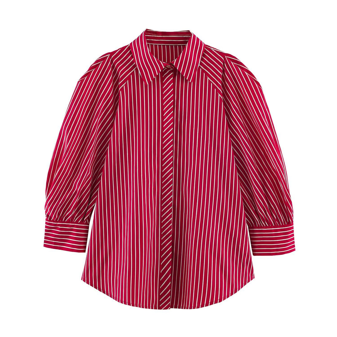 Damen Längsgestreifte Oversize-Hemdbluse mit betonten Puffärmeln Drune