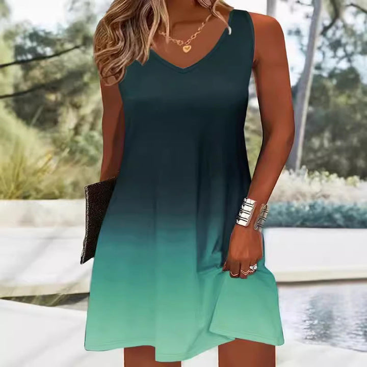Damen V-Ausschnitt Sommerkleid mit lebhaftem Farbverlauf und leichtem, atmungsaktivem Stoff Drune