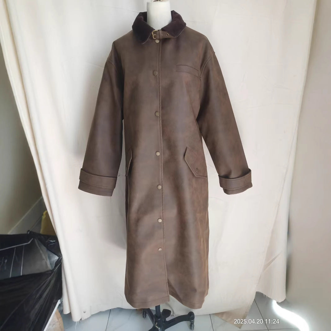 Damen nan extra langer Oversize Kunstledermantel mit verstellbarem Halsriemen, Druckknopffront, Pattentaschen und weiten Ärmeln Drune