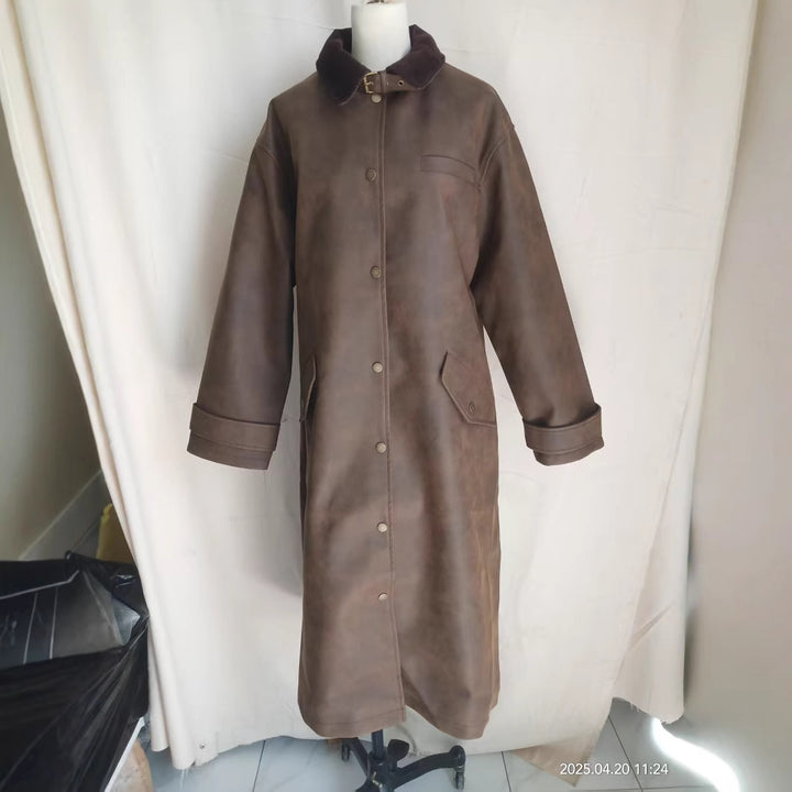 Damen nan extra langer Oversize Kunstledermantel mit verstellbarem Halsriemen, Druckknopffront, Pattentaschen und weiten Ärmeln Drune