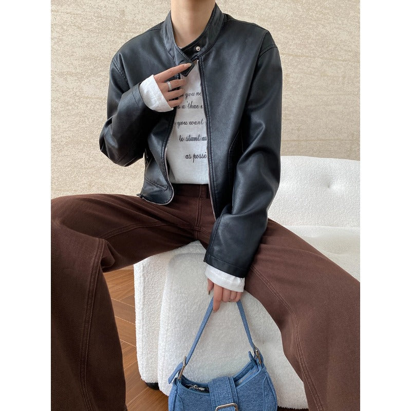 Damen Kunstlederjacke mit modernem Stehkragen und praktischen Taschen Drune