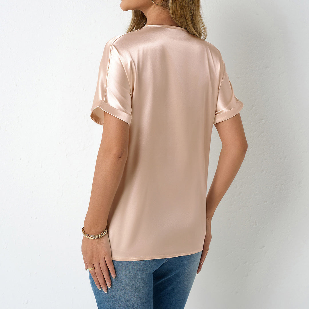 Damen Elegantes Satinoberteil mit V-Ausschnitt und exquisitem Spitzenbesatz Drune