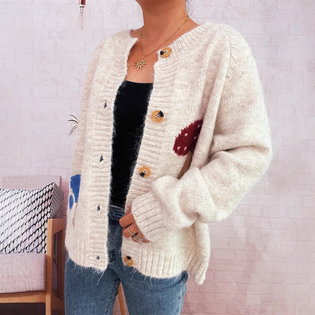 Damen Strickjacke mit buntem Pilzmotiv und Knopfdetails Drune