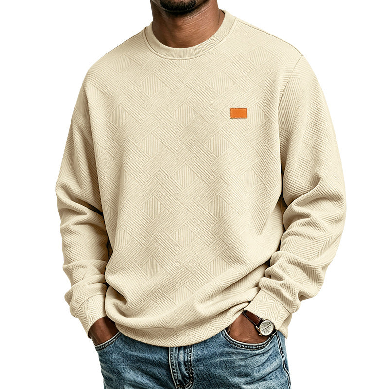 Unisex Texturierter Baumwoll-Crewneck-Sweatshirt mit Rautenstruktur und Lederpatch Drune