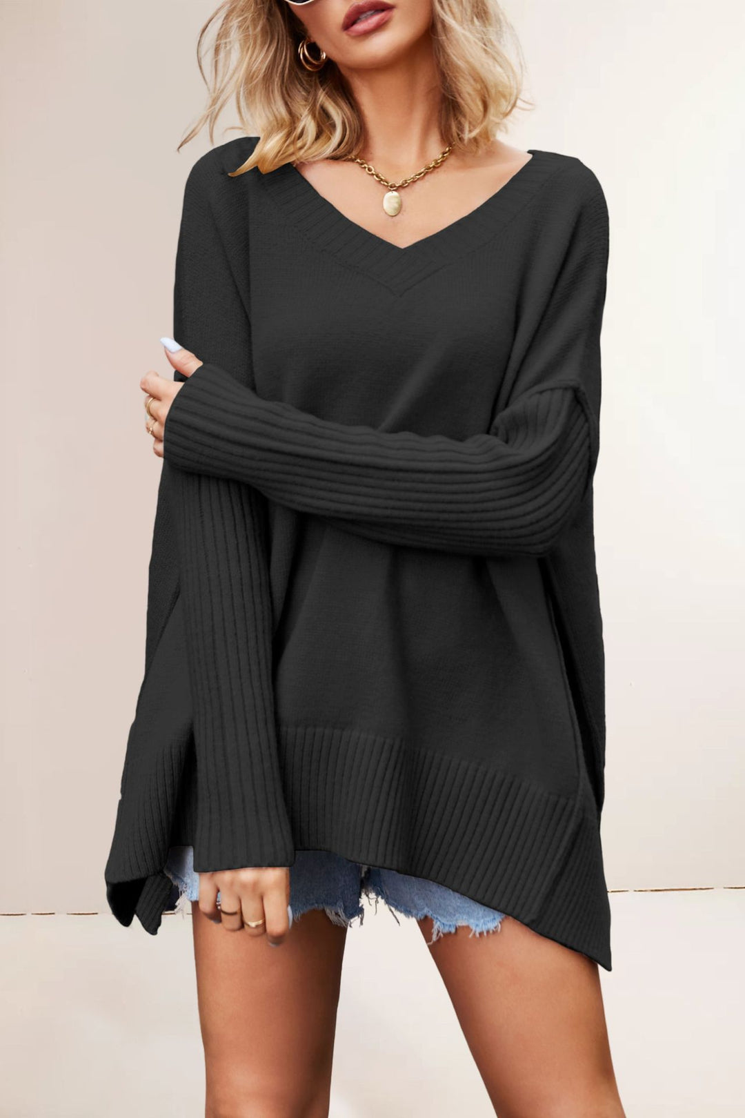 Damen oversized V-Ausschnitt Pullover mit strukturierten Ärmeln Drune
