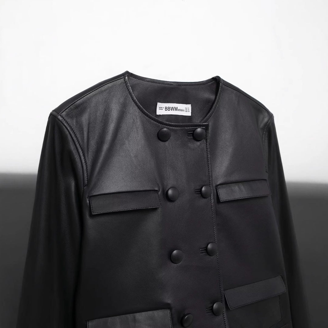 Damen nan kurz geschnittene Double‑Breasted Lederimitat Jacke mit Pattentaschen Drune
