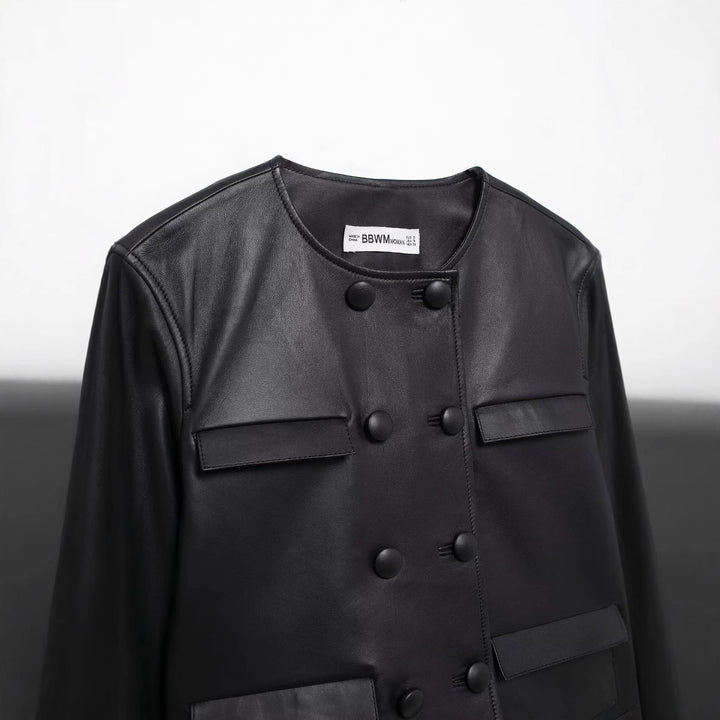 Damen nan kurz geschnittene Double‑Breasted Lederimitat Jacke mit Pattentaschen Drune