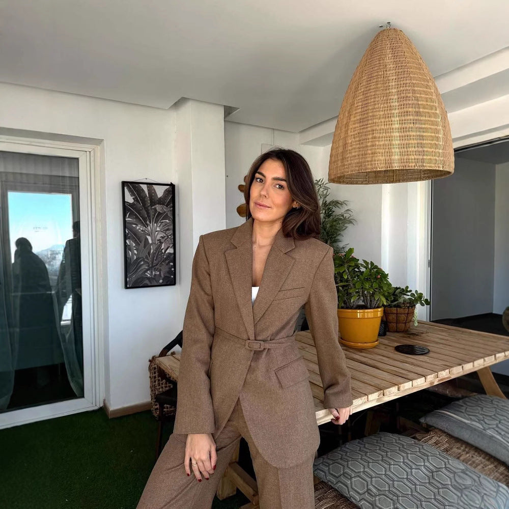 Damen taillierter Blazer mit Gürtel und eleganter Struktur Drune
