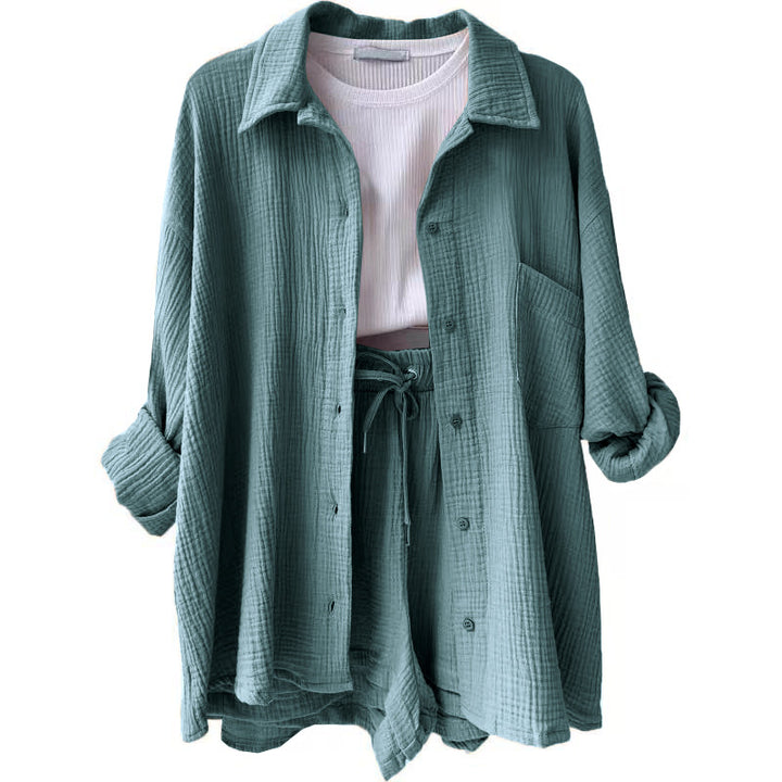 Damen lässiges Komfort-Set aus kurzem Top und Oversized-Hemd Drune
