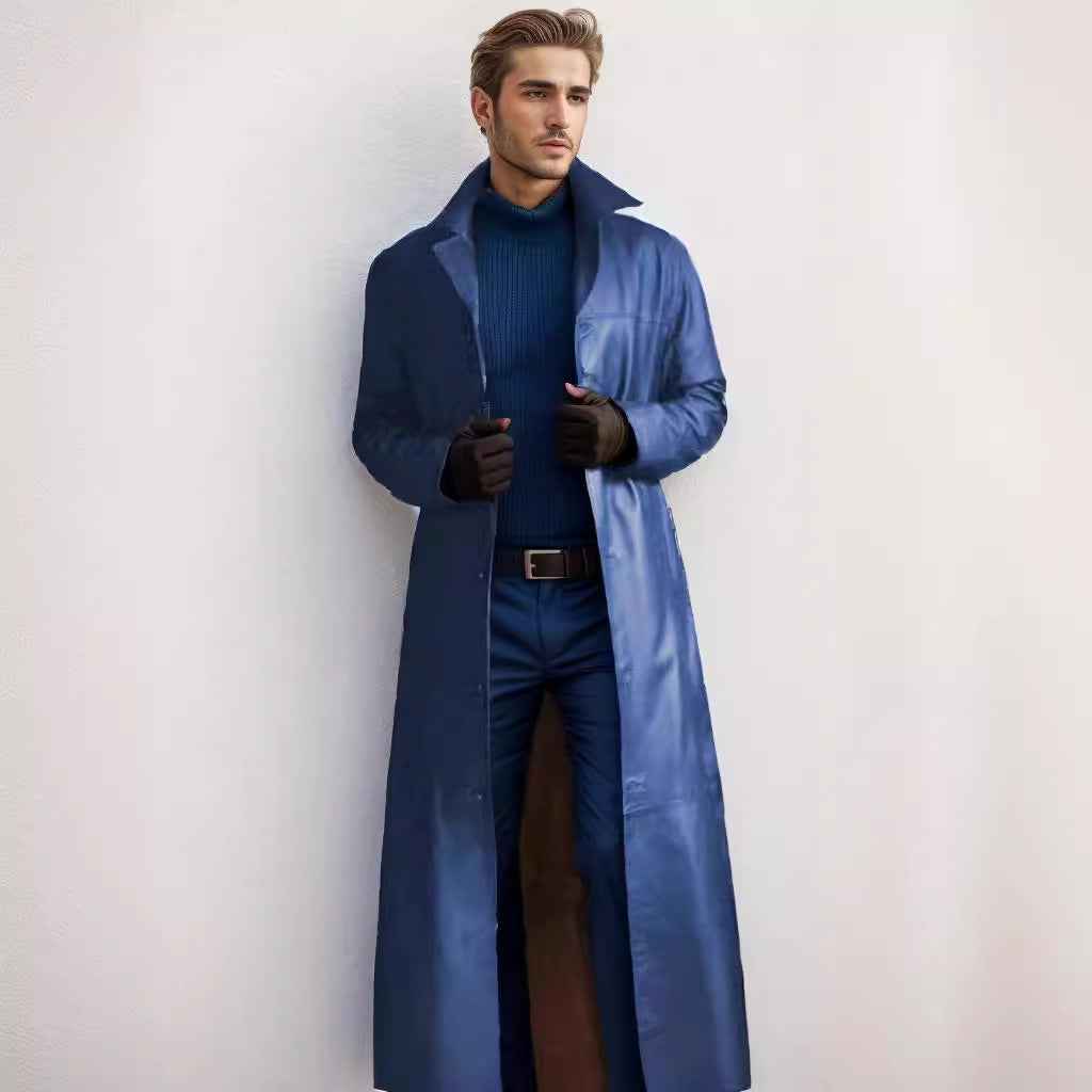 Herren Langer Ledermantel im Trench-Stil mit schmaler Silhouette und Stehkragen Drune