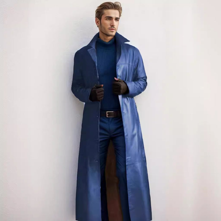 Herren Langer Ledermantel im Trench-Stil mit schmaler Silhouette und Stehkragen Drune
