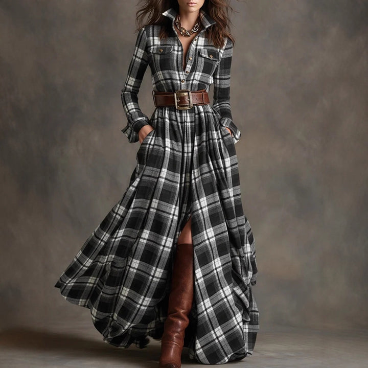 Damen nan karierte Maxikleid Hemdblusenkleid mit ausgestelltem Rock und breitem Taillengürtel Drune
