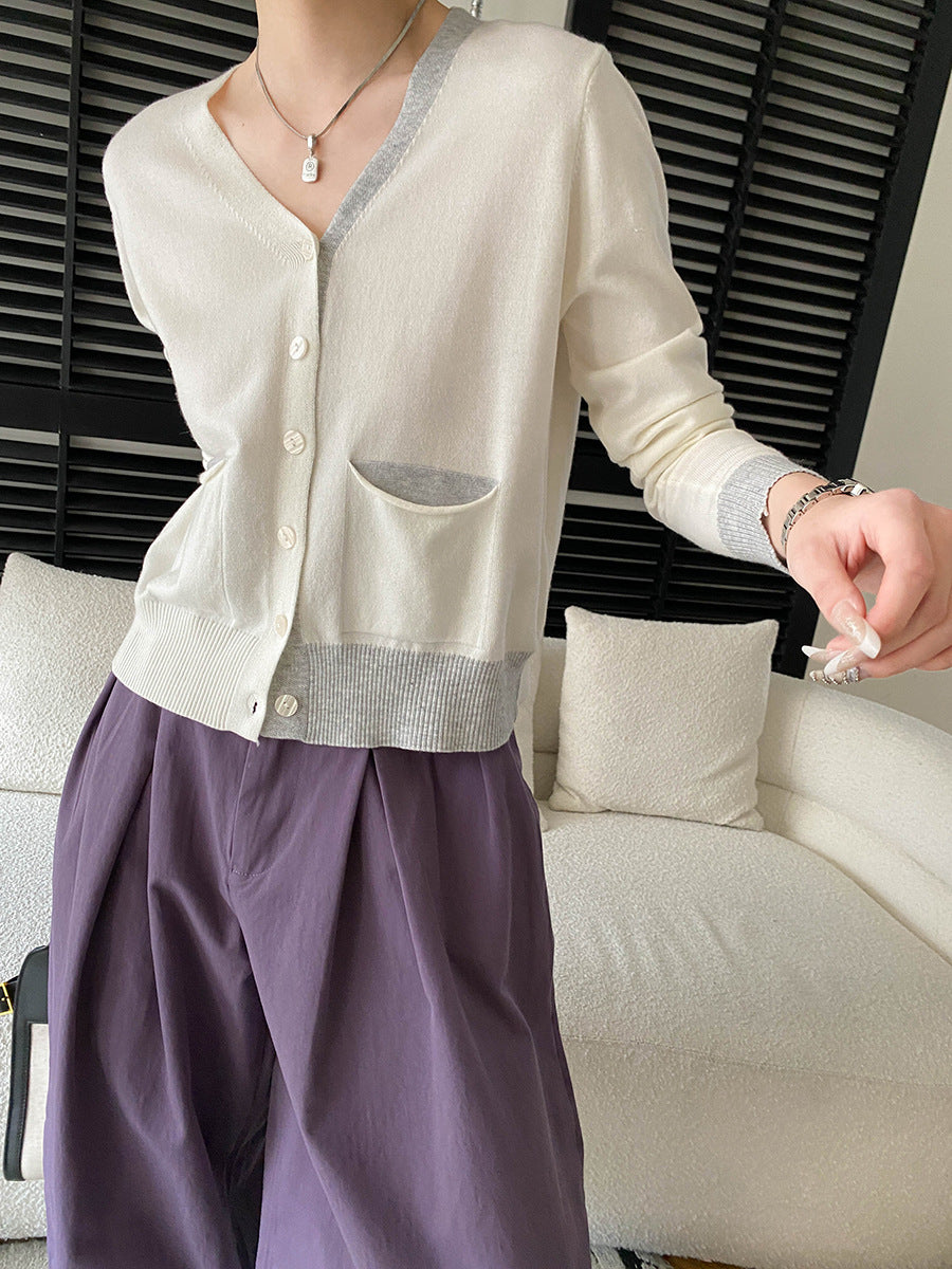 Damen feine Strickjacke mit V-Ausschnitt und praktischen Taschen Drune