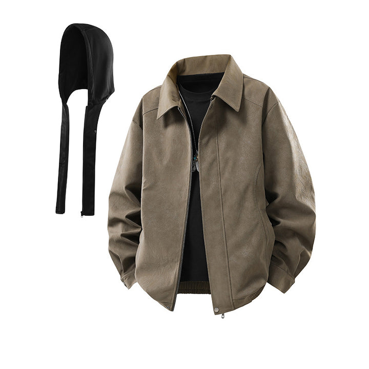 Herren Kunstleder-Blouson mit abnehmbarer Kapuze, verdecktem Reißverschluss und elastischem Saum Drune