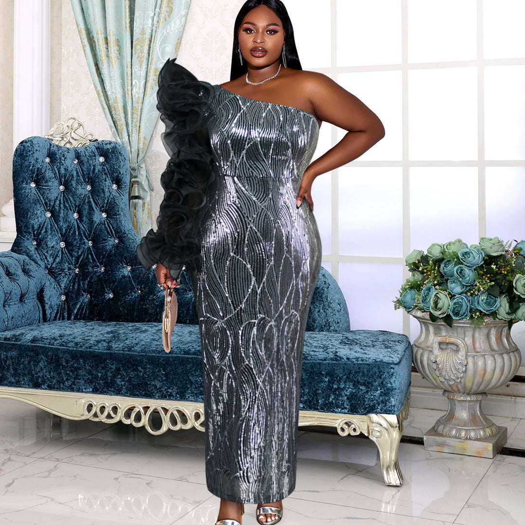 Damen Glamouröses Abendkleid mit schulterfreiem Design und voluminösen Rüschenärmel Drune