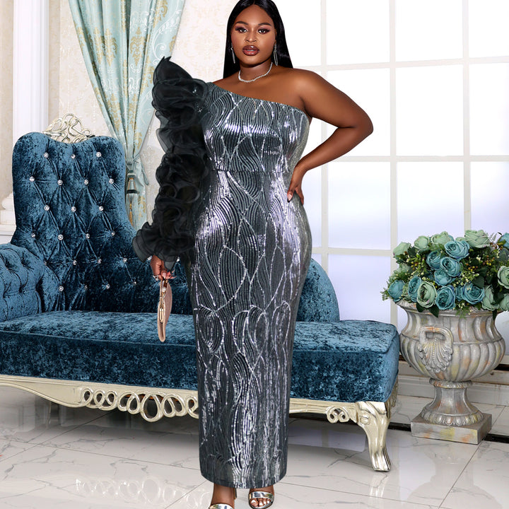 Damen Glamouröses Abendkleid mit schulterfreiem Design und voluminösen Rüschenärmel Drune