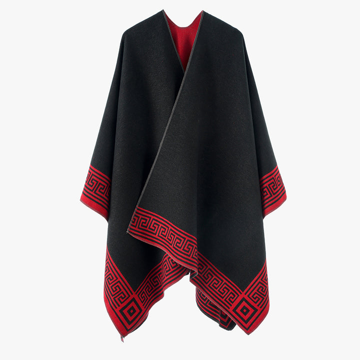 Damen Oversize-Capeponcho im Wickelstil mit Mäanderbordüre und kastiger Silhouette Drune