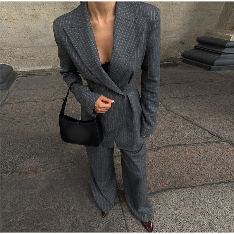 Damen elegantes Zweiteiler-Anzug-Set mit doppelter Knopfverschluss und weitem Bein Drune