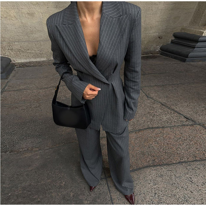 Damen elegantes Zweiteiler-Anzug-Set mit doppelter Knopfverschluss und weitem Bein Drune