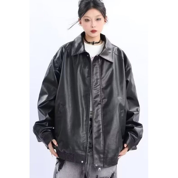Damen Oversized Kunstleder-Blouson mit elastischem Saum und Hemdkragen Drune