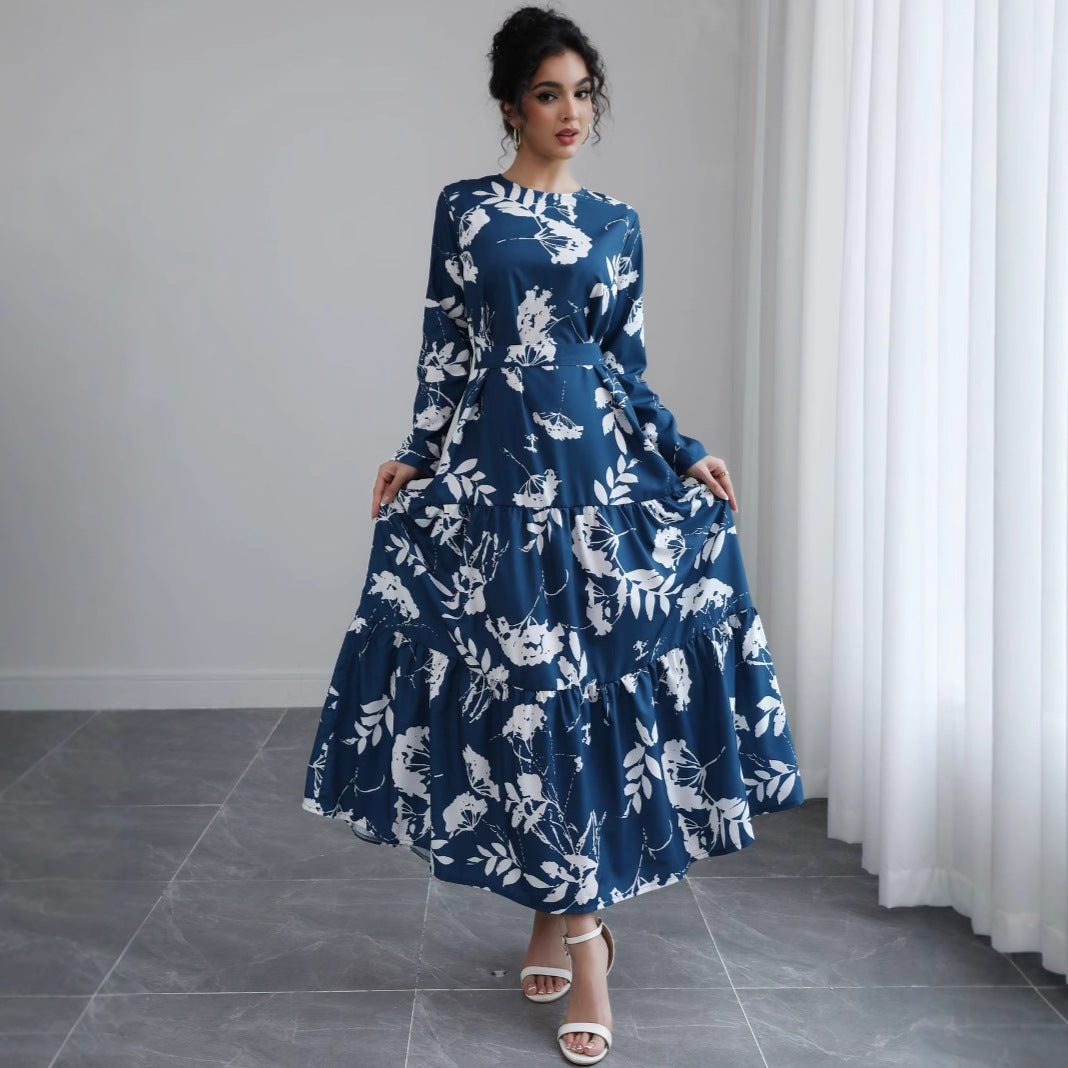 Damen Langes Blumen-Tiered-Maxikleid mit Taillengürtel & Rundhalsausschnitt Drune