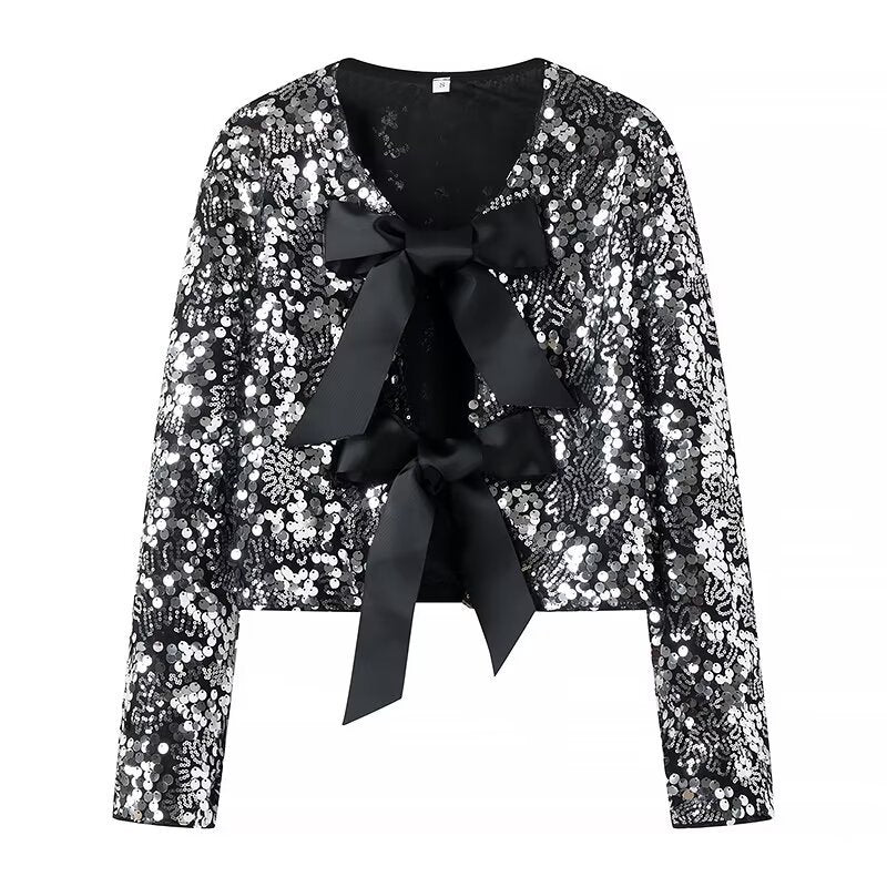 Damen nan Pailletten-Bolerojacke mit doppelt gebundenen Satin‑Schleifen und kurzer Cropped‑Silhouette Drune