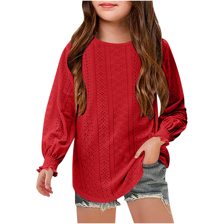 Damen Ajourgestricktes Oversize-Pullover-Shirt mit Ballonärmeln und Rüschenbündchen Drune