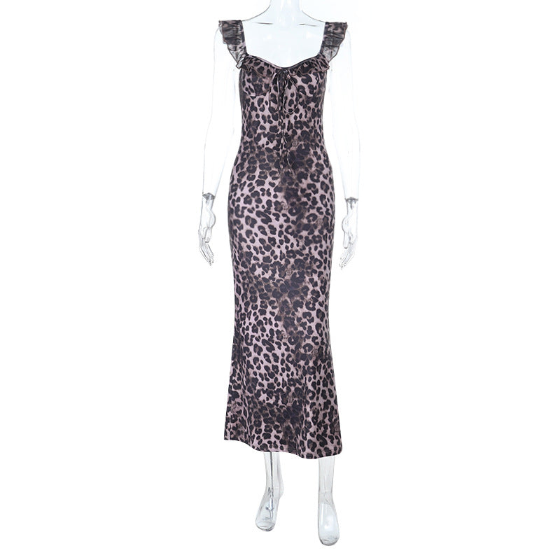 Damen Maxi-Kleid mit verführerischem Leopardenmuster und Rüschendetails Drune