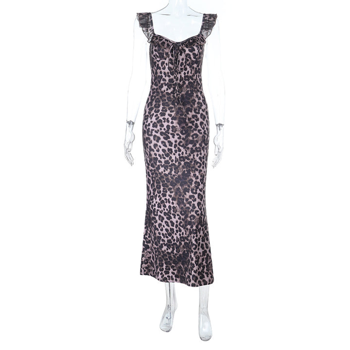 Damen Maxi-Kleid mit verführerischem Leopardenmuster und Rüschendetails Drune