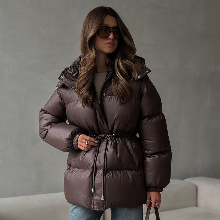 Damen Langer wattierter Parka mit Kapuze, Taillenzug und Oversize-Silhouette Drune