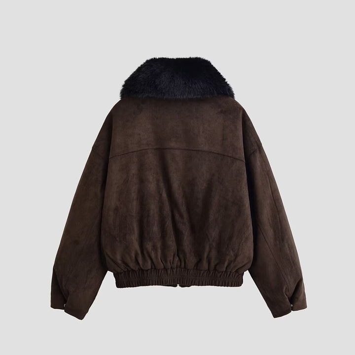Damen Oversized Aviator-Jacke aus Velourslederimitat mit großem Kunstfellkragen Drune