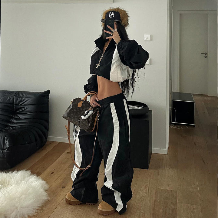 Damen Sportliches Crop-Set mit elastischem Bund und Kontraststreifen Drune