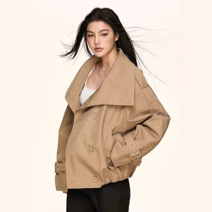 Damen Oversized Doppelreihige Trench-Bomberjacke mit hohem Stehkragen Drune