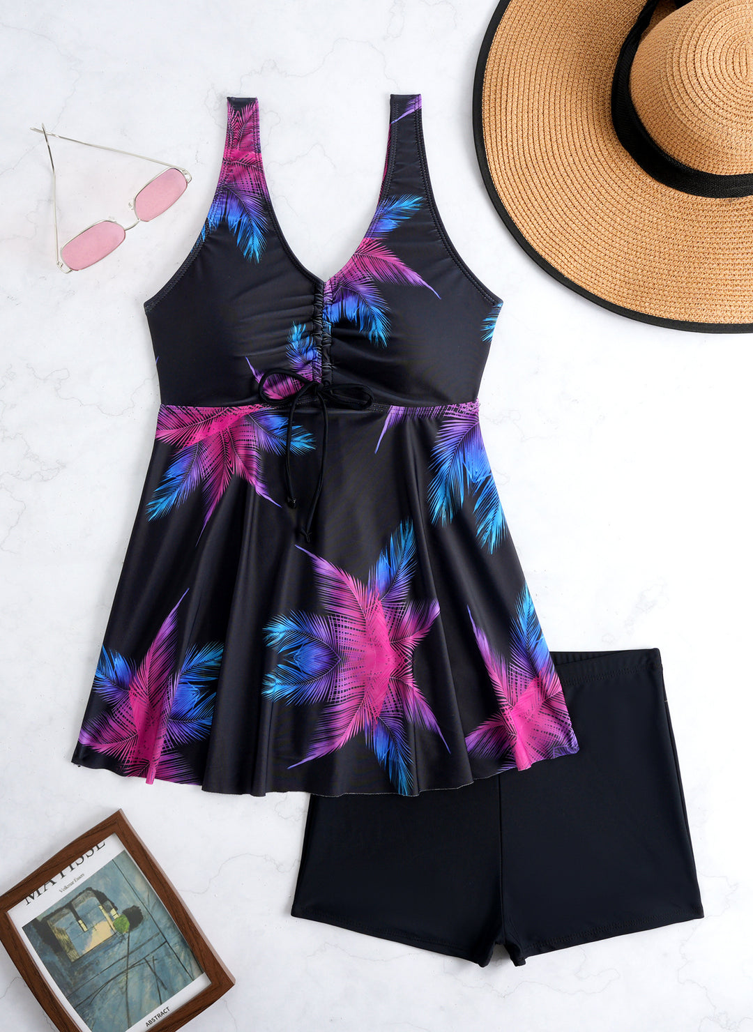 Damen Tankini-Set mit modischem Volant und grafischem Pfauenmuster Drune