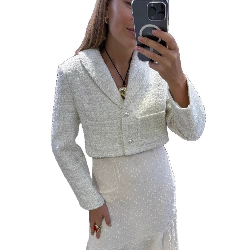 Damen elegante Kurzjacke aus hochwertigem Bouclé mit schimmernden Knopfdetails Drune