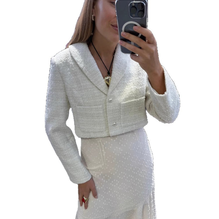 Damen elegante Kurzjacke aus hochwertigem Bouclé mit schimmernden Knopfdetails Drune