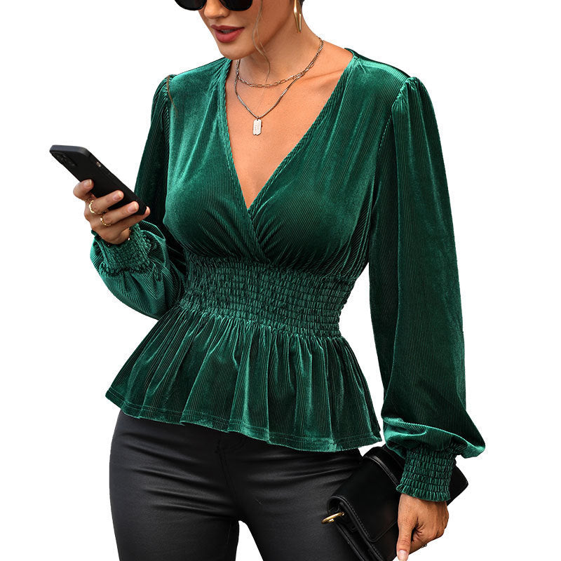 Damen Samtbluse mit V-Ausschnitt, geraffter Smock-Taille und Peplum Drune