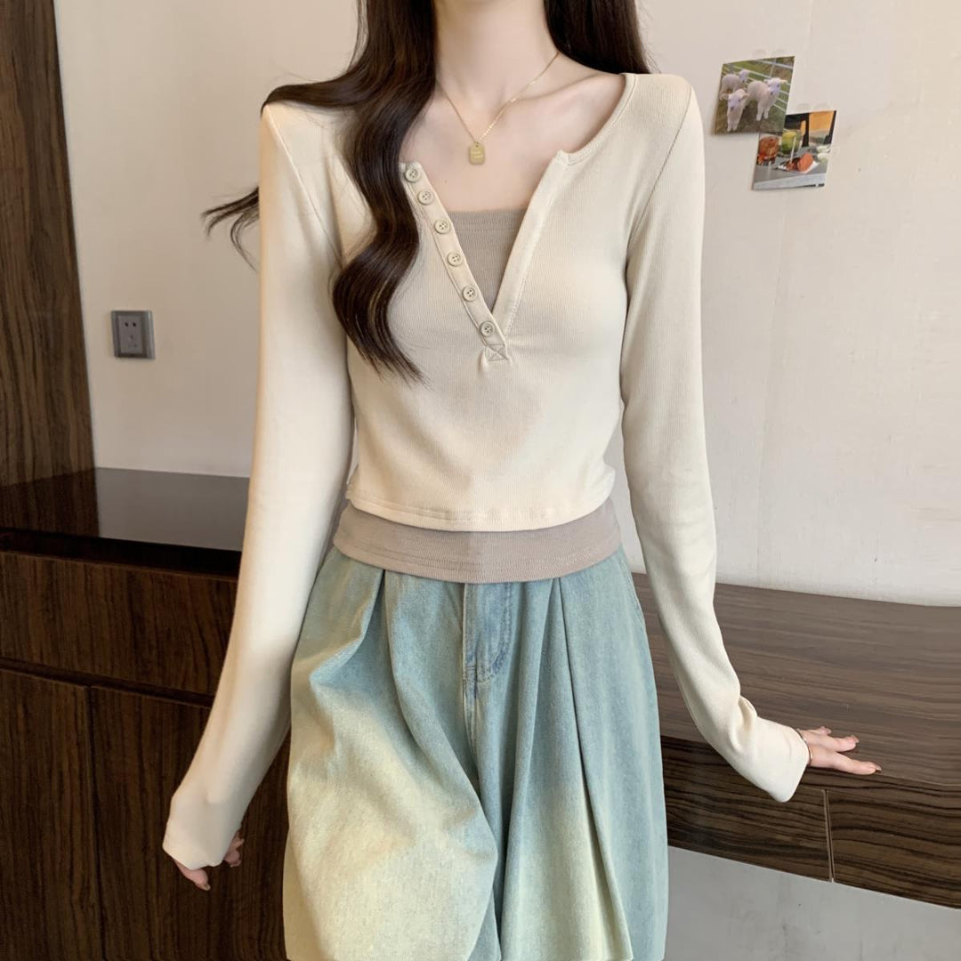 Damen Langarmshirt mit Knopfleiste und Rundhalsausschnitt Drune