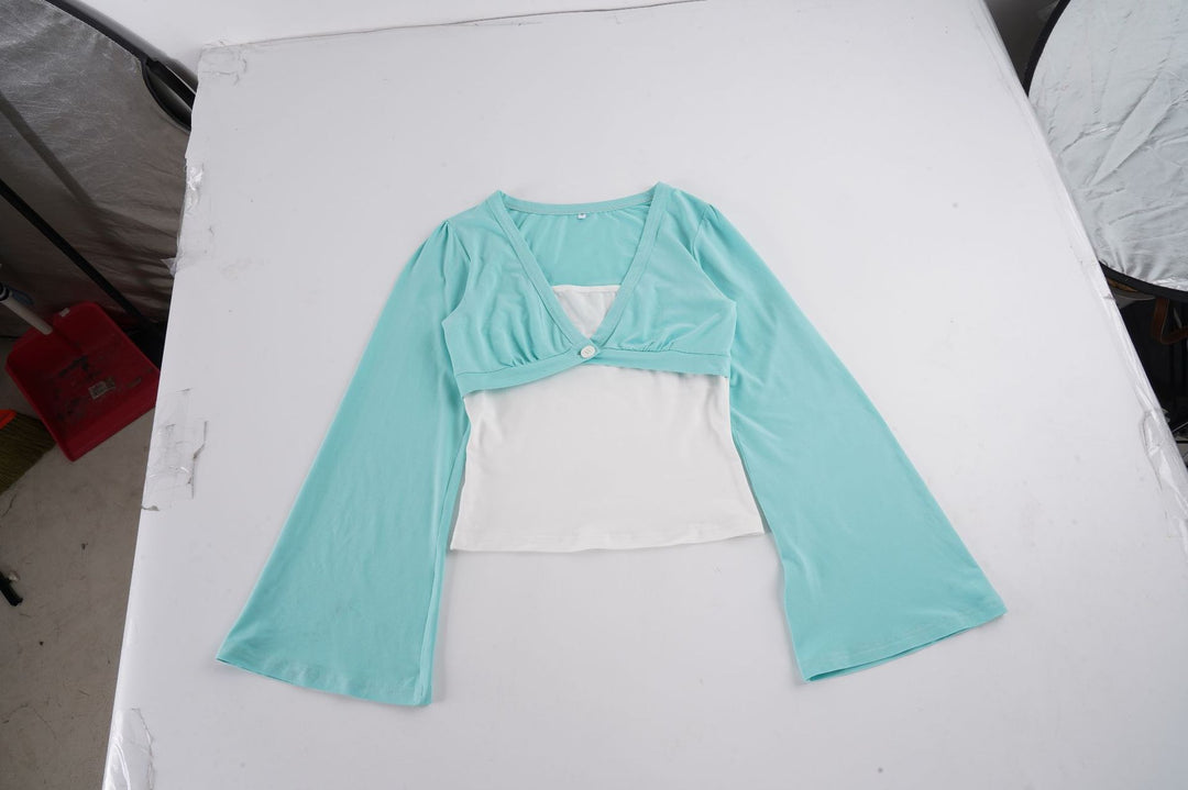 Damen nan Bolero-Overlay-Top mit tiefem V-Ausschnitt, ausgestellten Trompetenärmeln und integrierter Camisole Drune
